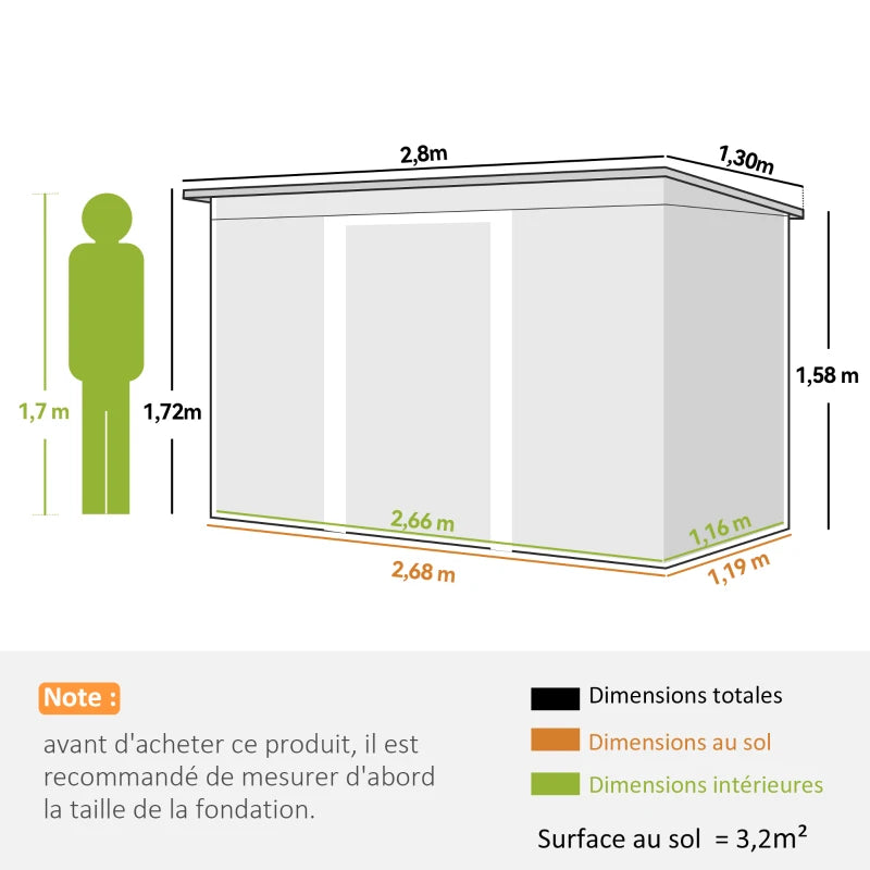 Abri de Jardin en Acier 3,6 m² 280 x 130 x 172 cm